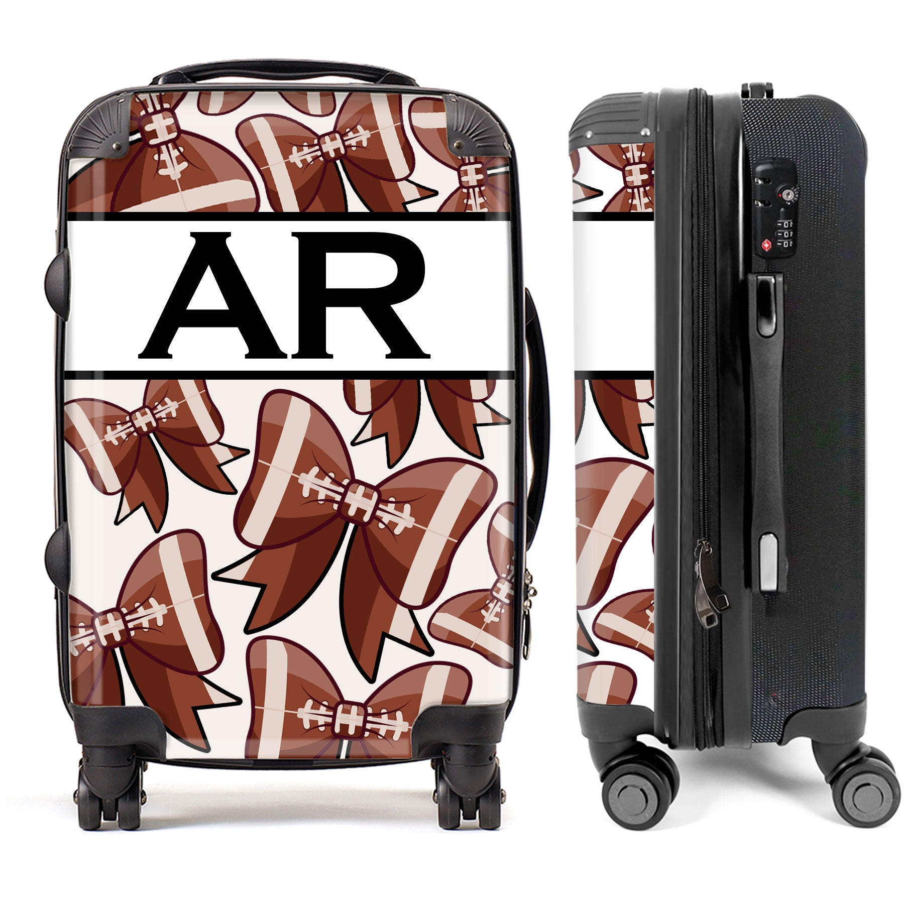 PERSONALIZED FOOTBALL BOW WITH BLACK INITIALS LUGGAGE