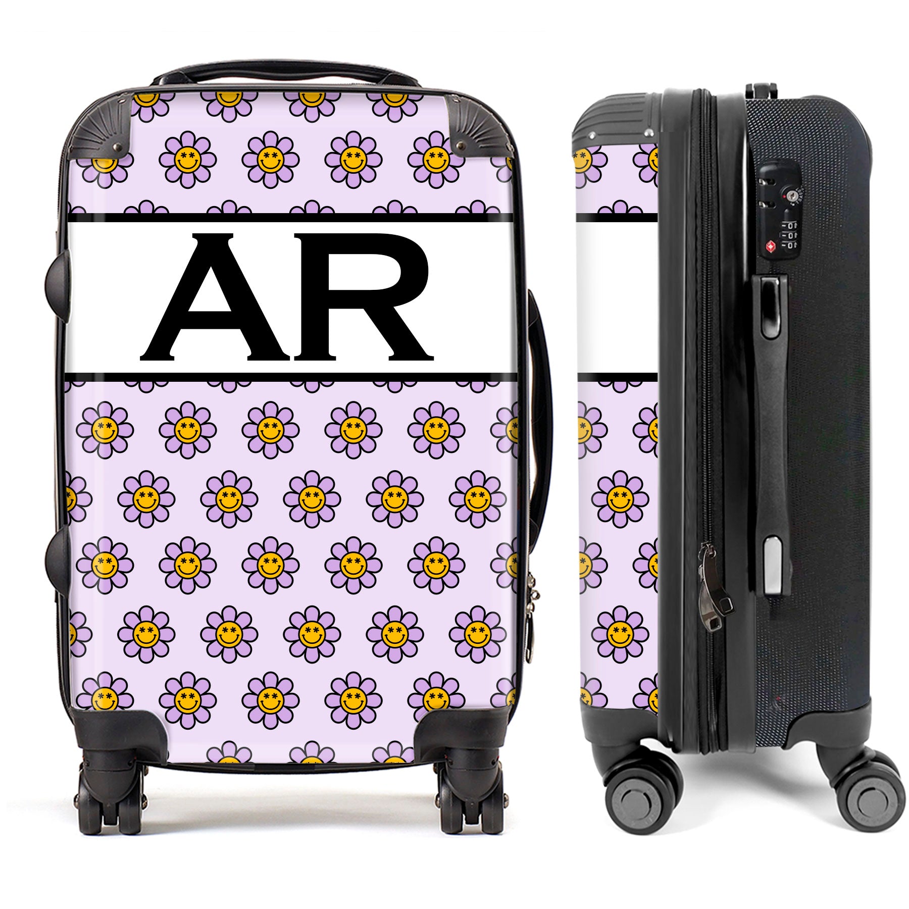 PERSONALIZED PURPLE FLOWERS WITH BLACK INITIALS LUGGAGE