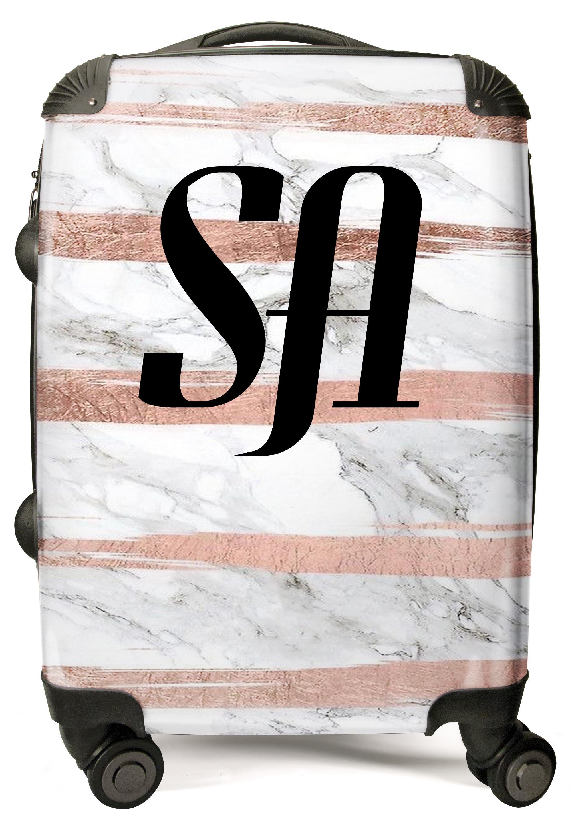 PERSONALIZED PINK AND WHITE HORIZONTAL STRIPE WITH BLACK FONT INITIAL LUGGAGE