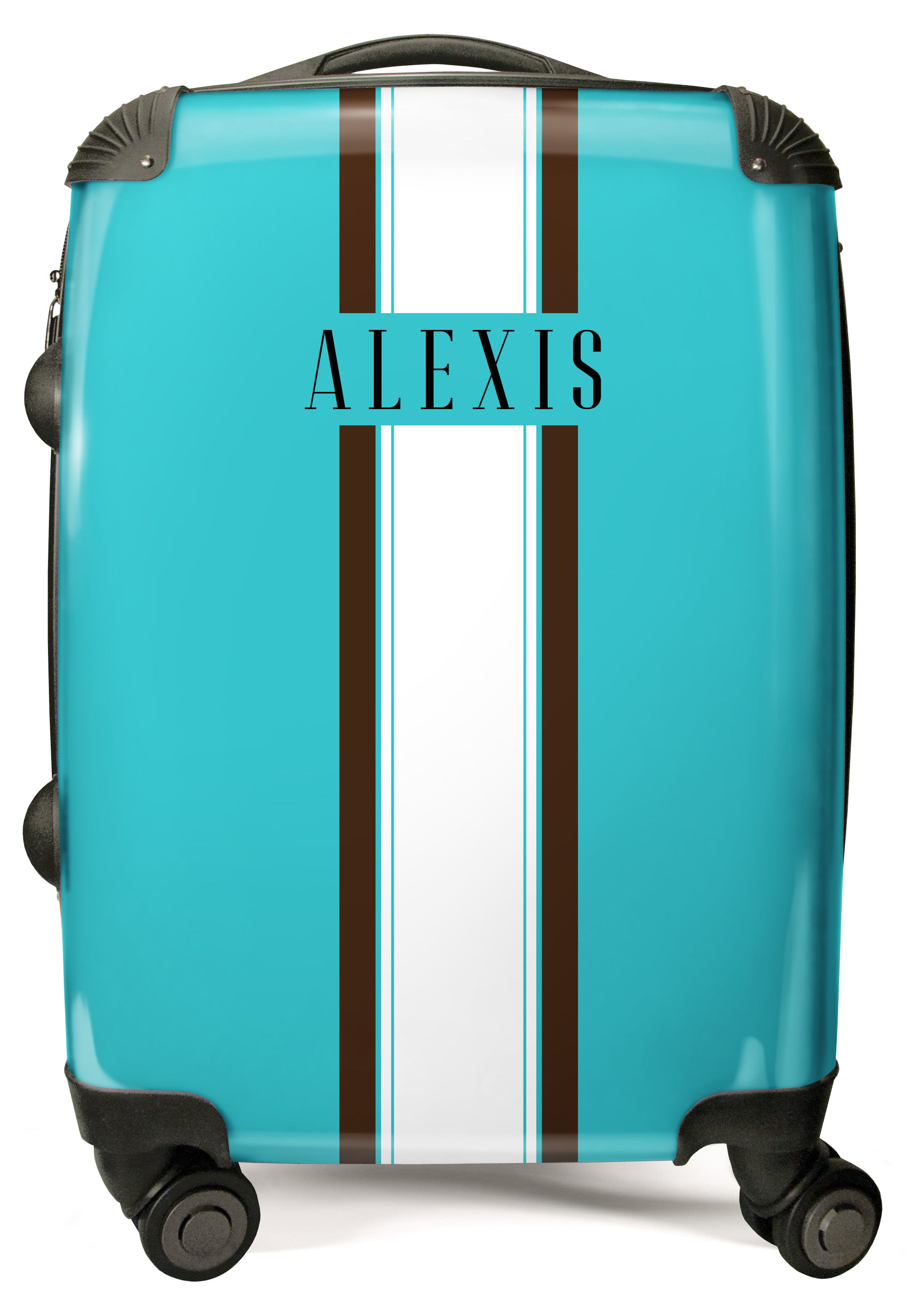 PERSONALIZED BLUE, WHITE AND BLACK STRIPE WITH BLACK FONT NAME LUGGAGE