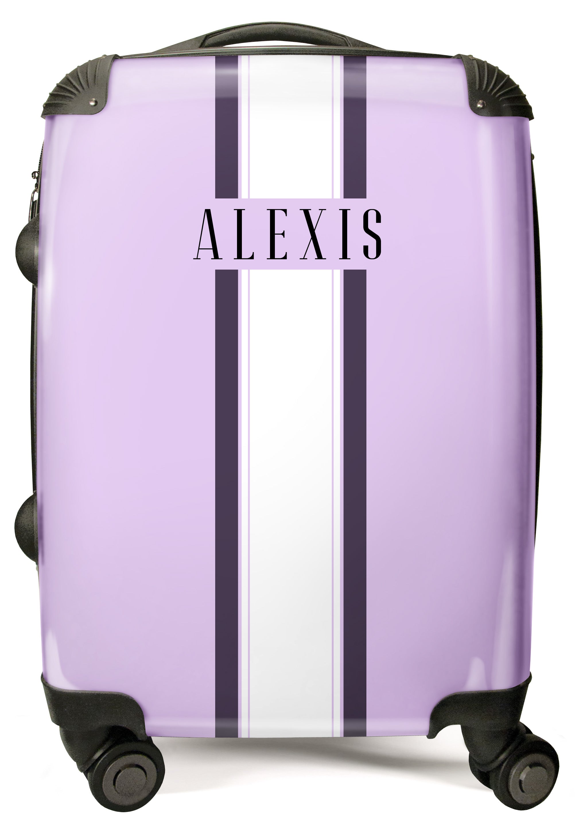 PERSONALIZED PURPLE, WHITE AND PURPLE STRIPE WITH BLACK FONT NAME LUGGAGE