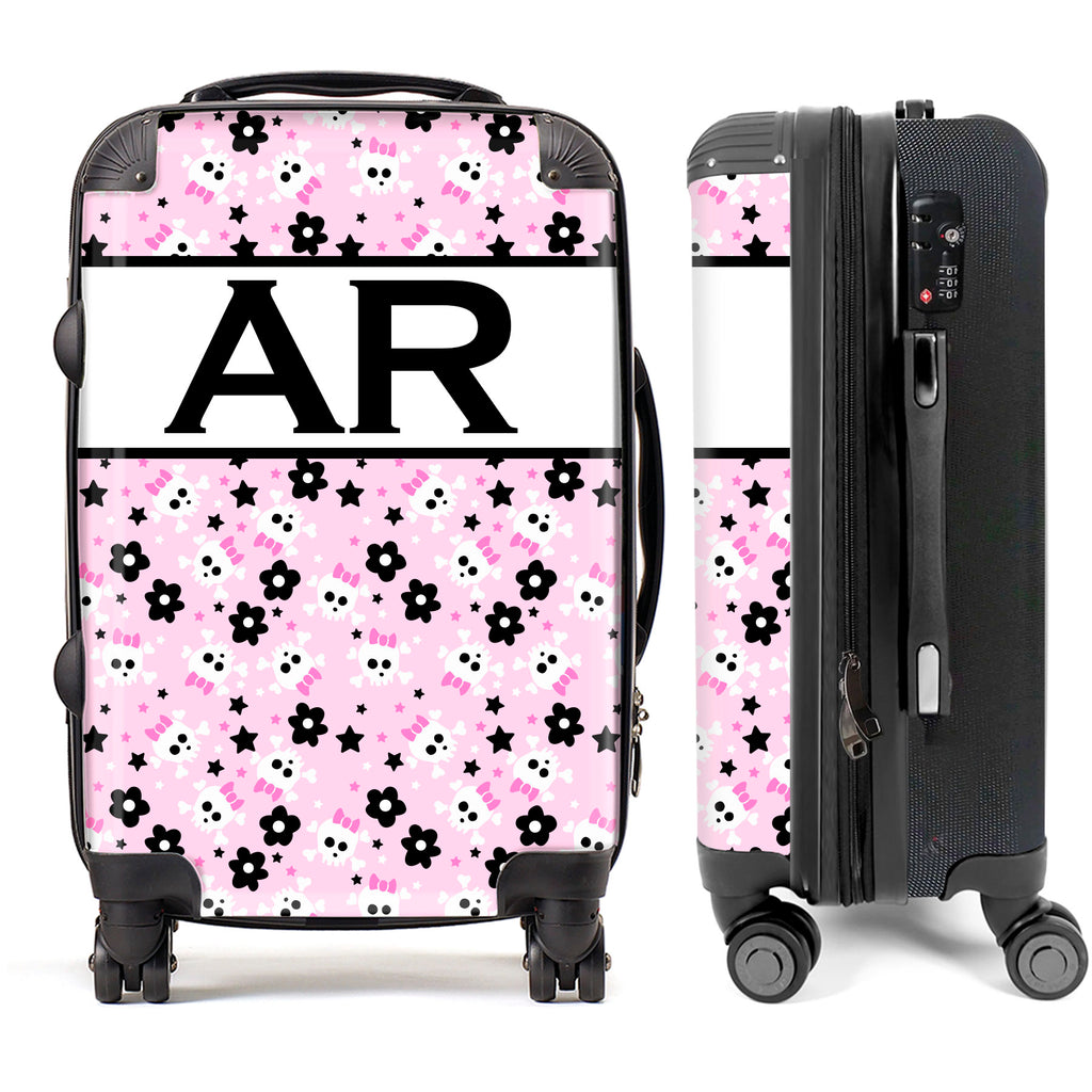 PERSONALIZED PINK FLOWERS BLACK INITIALS LUGGAGE
