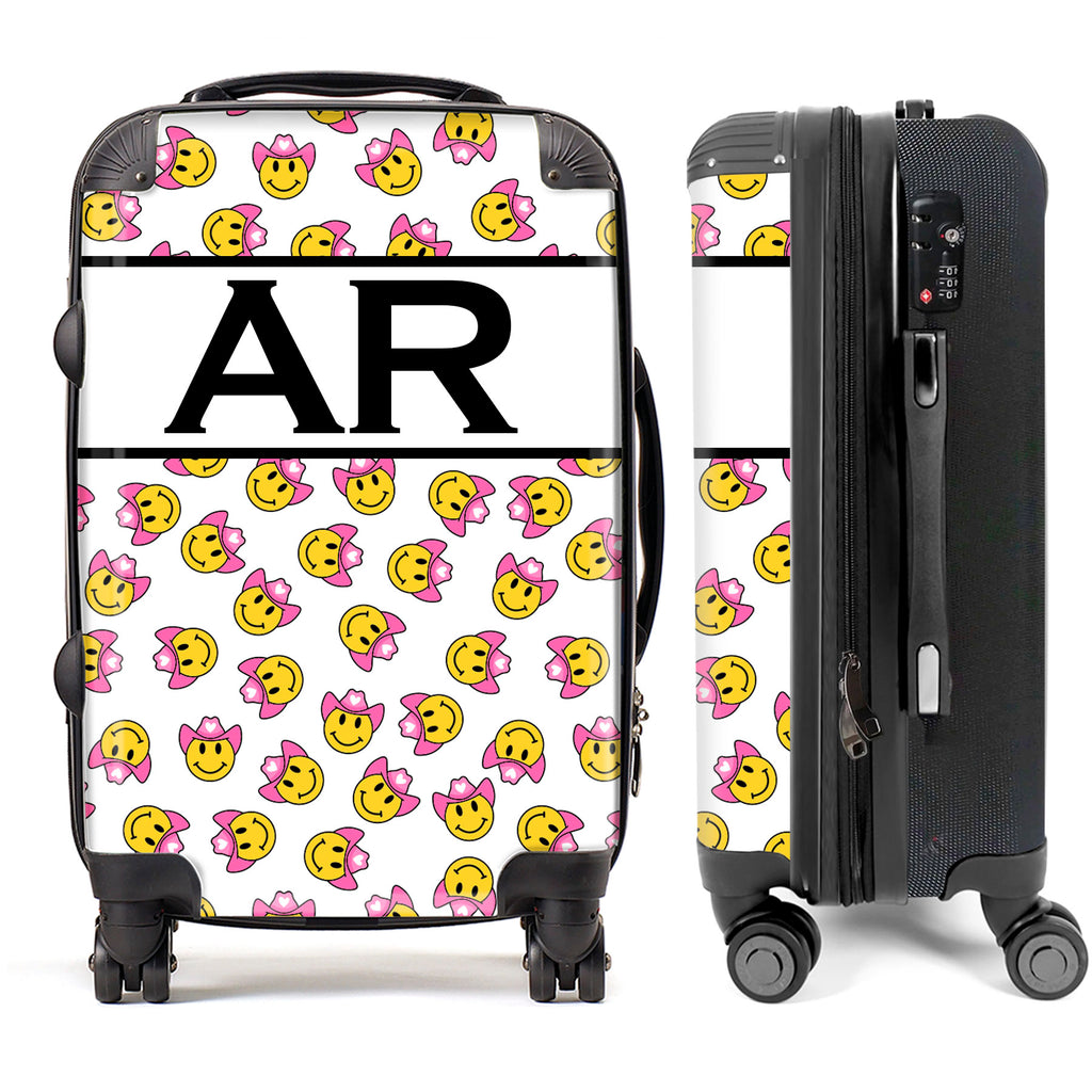 PERSONALIZED SMILEY COWBOY HAT BLACK INITIALS LUGGAGE