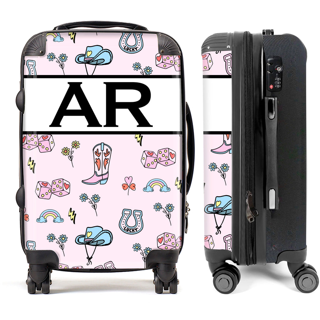 PERSONALIZED PINK COWGIRL WITH BLACK INITIALS LUGGAGE