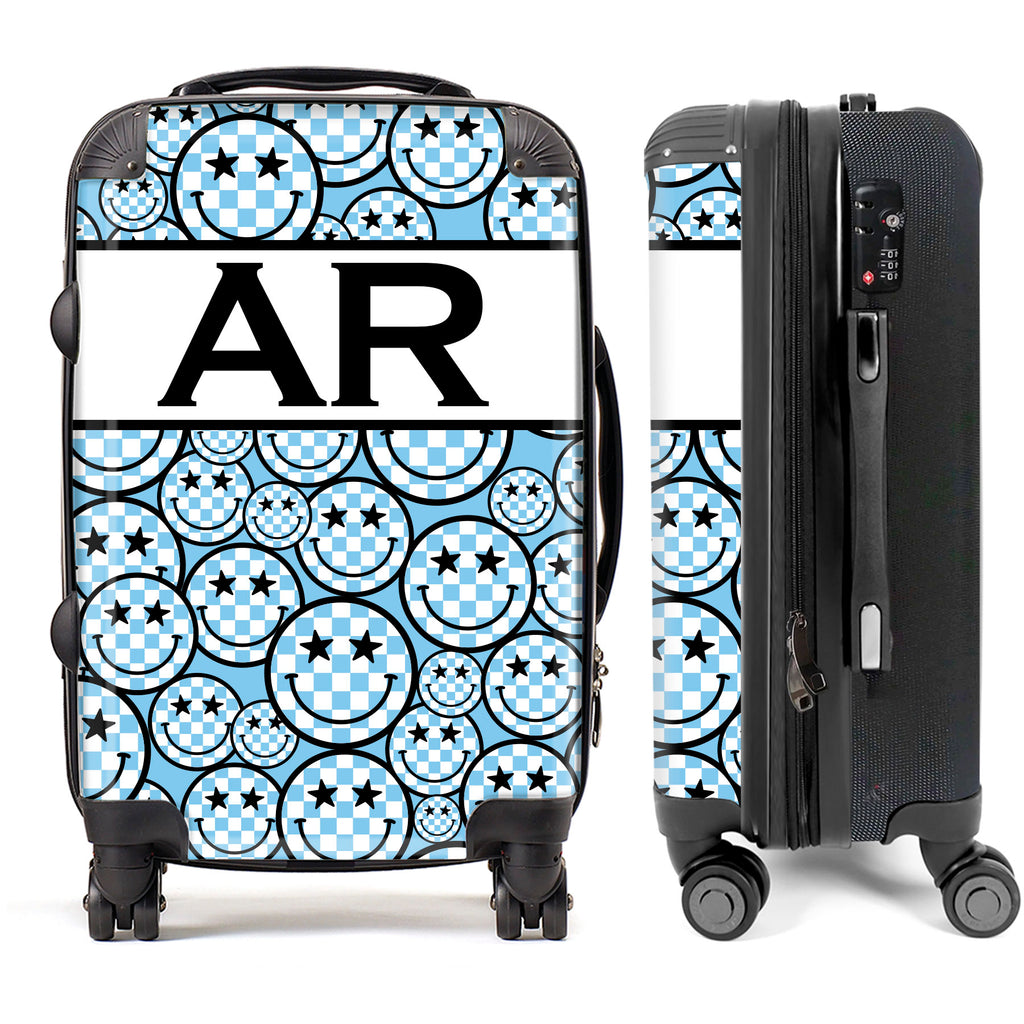 PERSONALIZED BLUE SMILEY FACE WITH BLACK INITIALS LUGGAGE