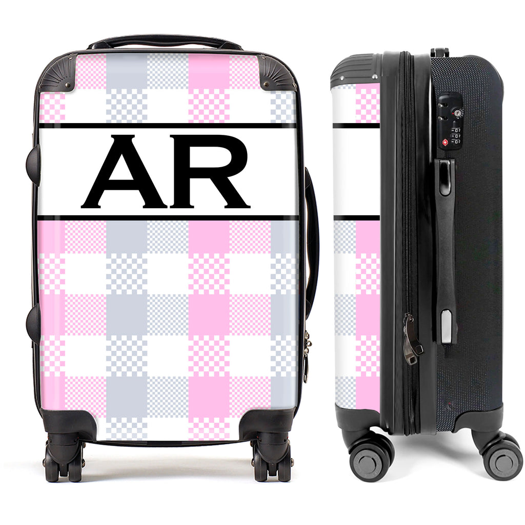 PERSONALIZED LIGHT PINK PLAID WITH BLACK INITIALS LUGGAGE