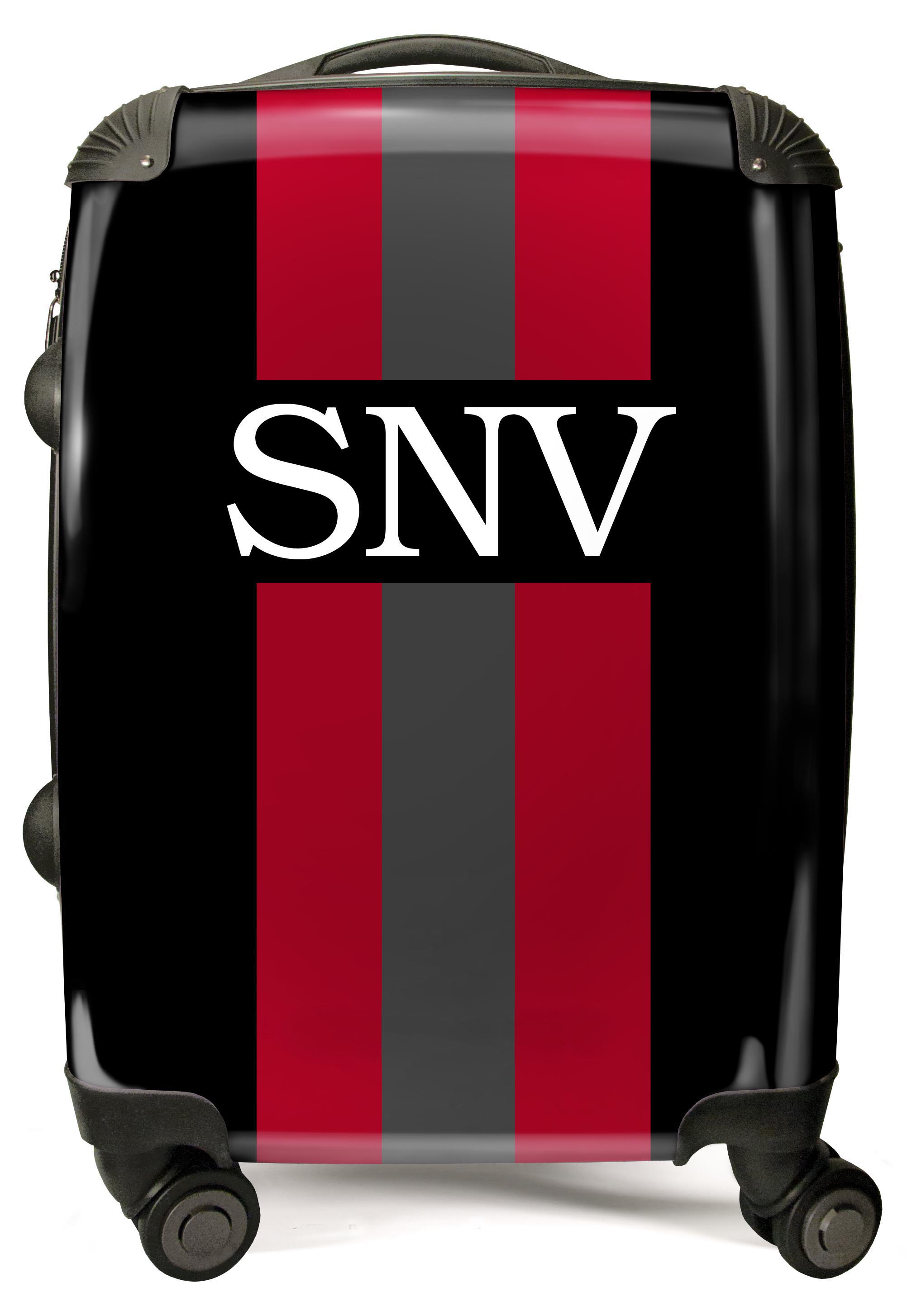 PERSONALIZED BLACK, RED AND GREY STRIPE WITH WHITE FONT INITIAL LUGGAGE