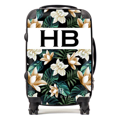 Personalized Black and Nude Tropical Flowers with White Font Initial Suitcase