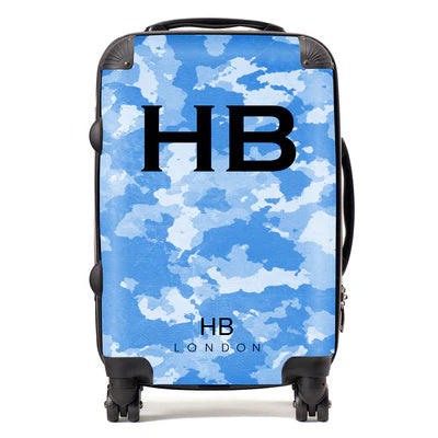 Personalized Blue Camouflage with Black Font Initial Suitcase