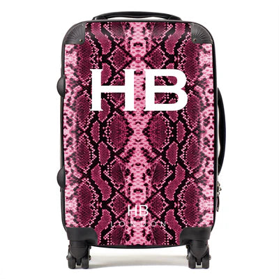 Personalized Cranberry Snake Skin Print with White Font Initial Suitcase