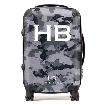 Personalized Dark Grey Camouflage with White Font Initial Suitcase