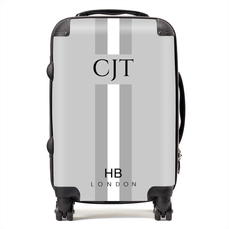 Personalized Grey, White and Grey Stripe with Black Font Initial Suitcase