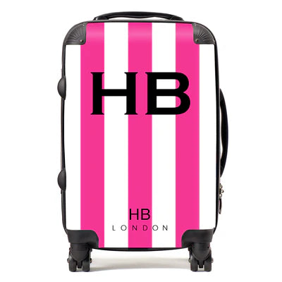 Personalized Hot Pink and White Stripe with Black Font Initial Suitcase