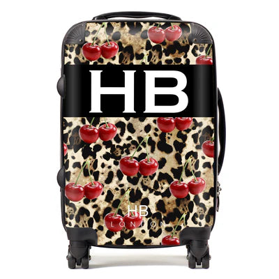 Personalized Leopard Print and Cherries with White Font Initial Suitcase