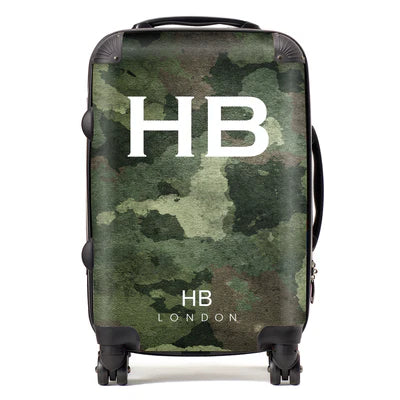 Personalized Dark Green Camouflage with White Font Initial Suitcase