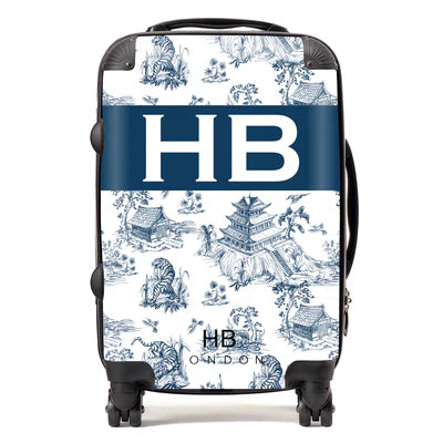 Personalized Navy Oriental Toile with Original Font Initial Suitcase
