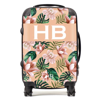 Personalized Peach Tropical Flowers with White Font Initial Suitcase