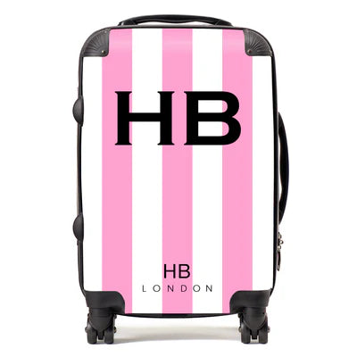 Personalized Pink and White Stripe with Black Font Initial Suitcase