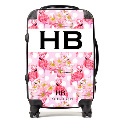 Personalized Polka Dot Flamingo Print Initial Suitcase