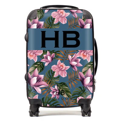 Personalized Teal and Mauve Tropical Flowers with Black Font Initial Suitcase