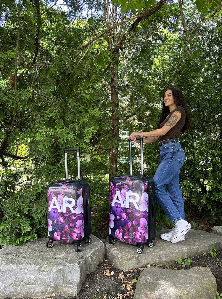 PERSONALIZED PURPLE, WHITE AND PURPLE STRIPE WITH BLACK FONT NAME LUGGAGE