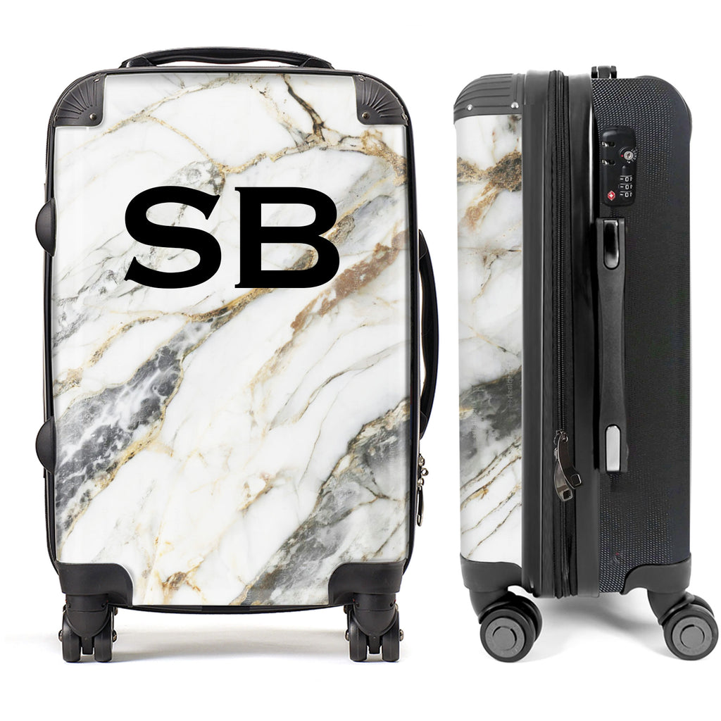 PERSONALIZED GREY MARBLE BLACK INITIAL LUGGAGE