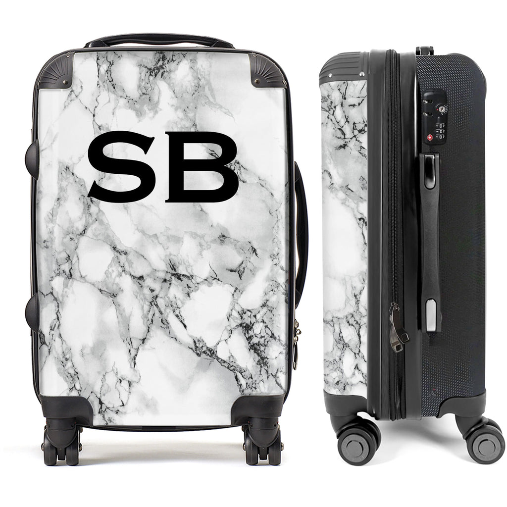 PERSONALIZED WHITE MARBLE BLACK INITIAL LUGGAGE