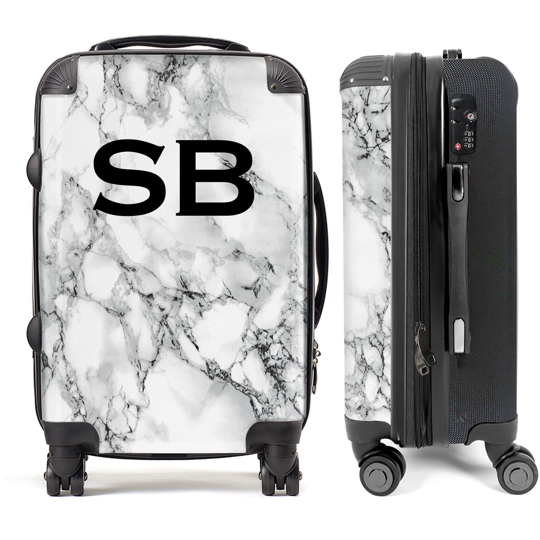 PERSONALIZED WHITE MARBLE BLACK INITIAL LUGGAGE