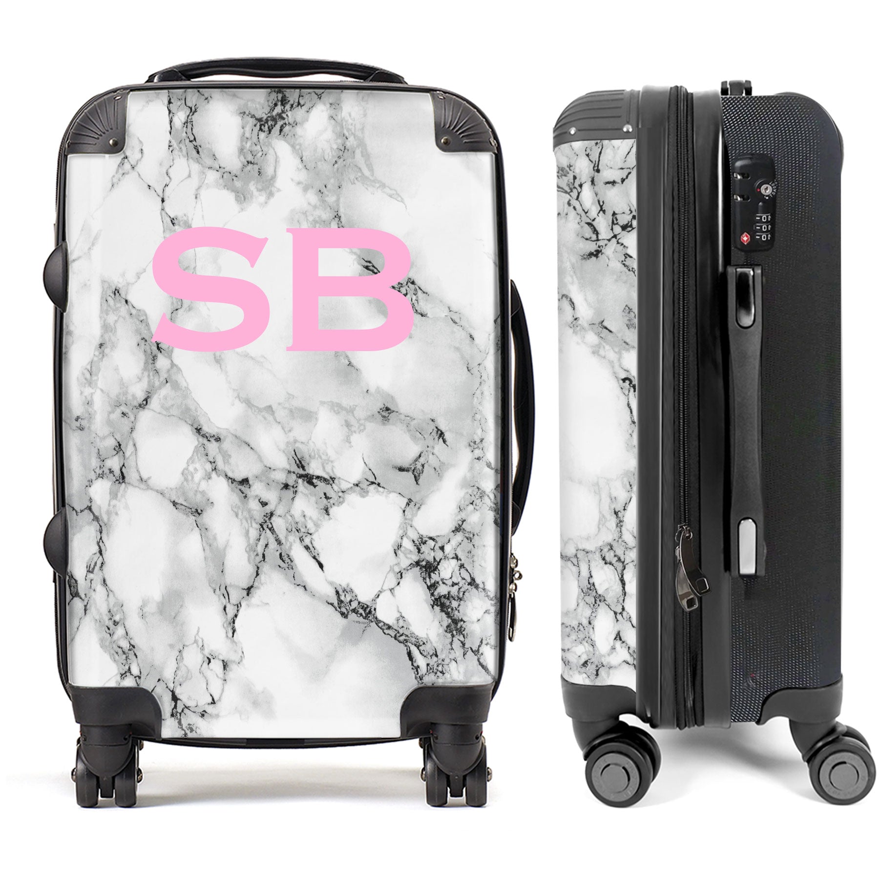 PERSONALIZED WHITE MARBLE PINK INITIAL LUGGAGE