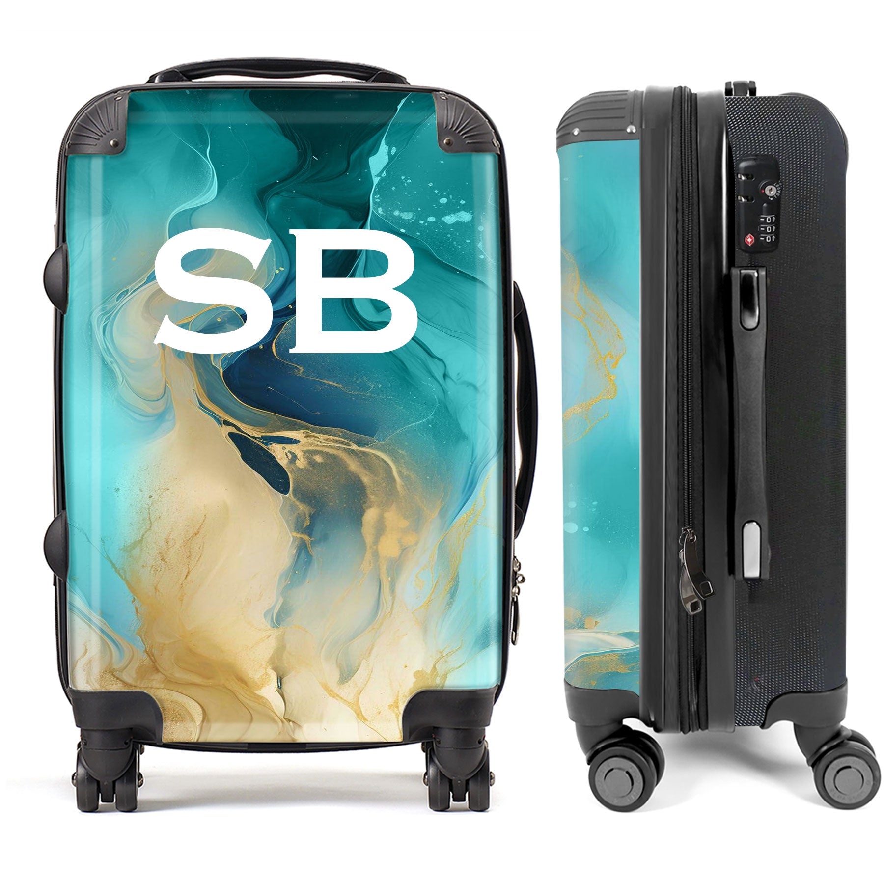 PERSONALIZED TURQUOISE AND GOLD MARBLE WHITE INITIAL LUGGAGE