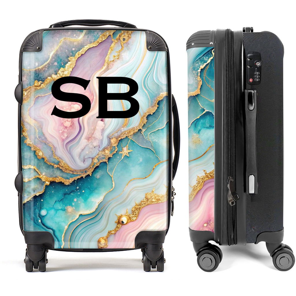 PERSONALIZED TURQUOISE AND PNIK MARBLE BLACK INITIAL LUGGAGE