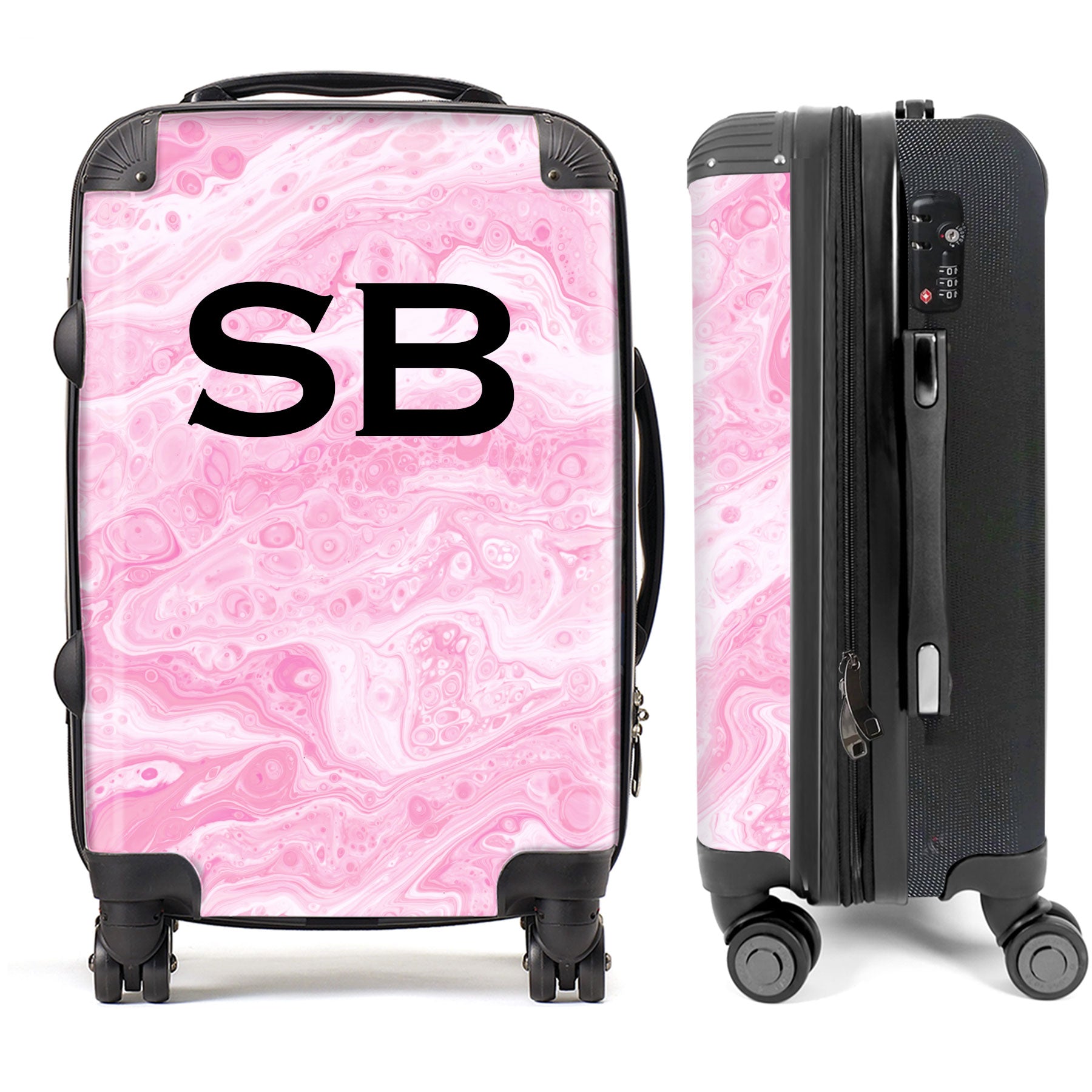PERSONALIZED PINK MARBLE BLACK INITIAL LUGGAGE