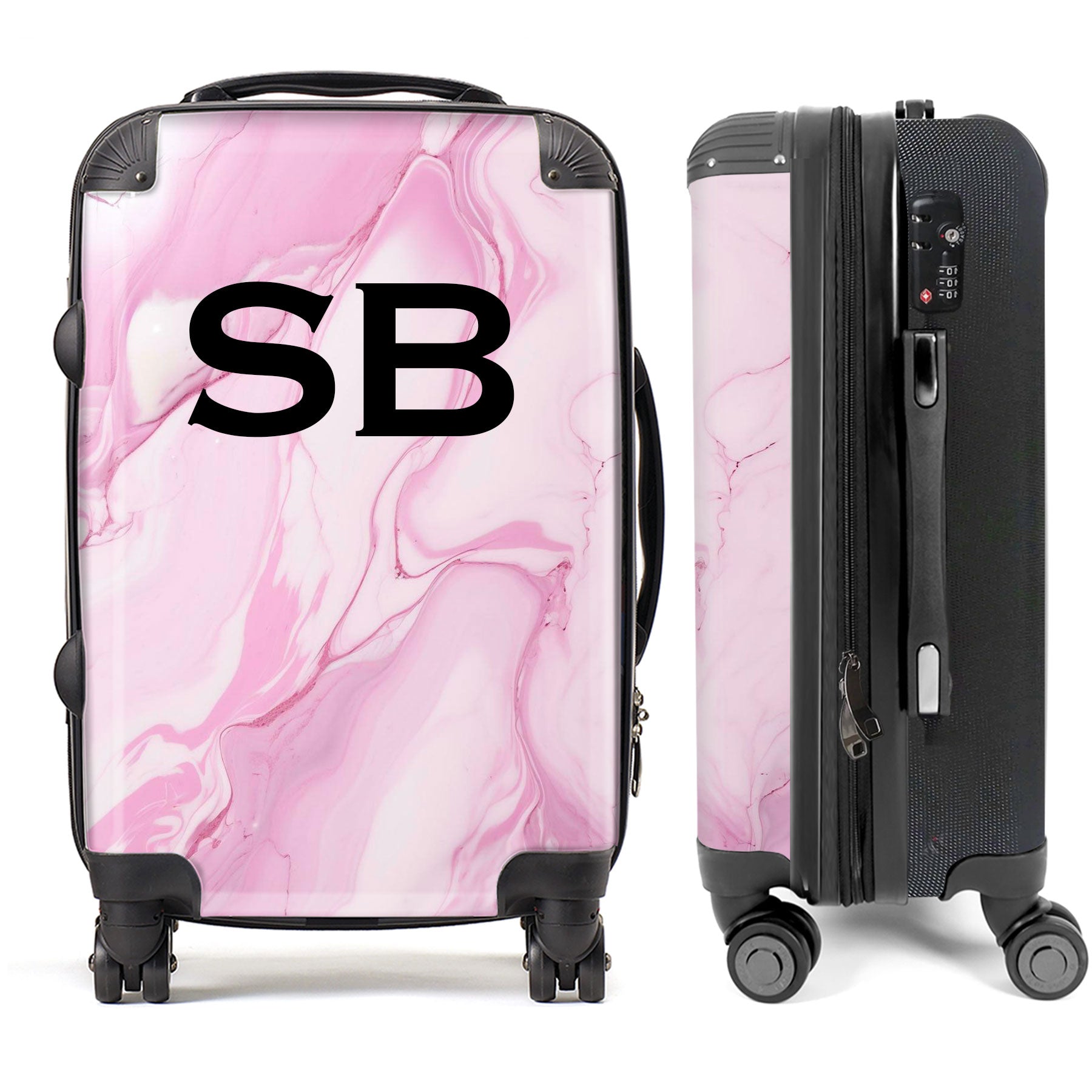 PERSONALIZED PINK MARBLE BLACK INITIAL LUGGAGE