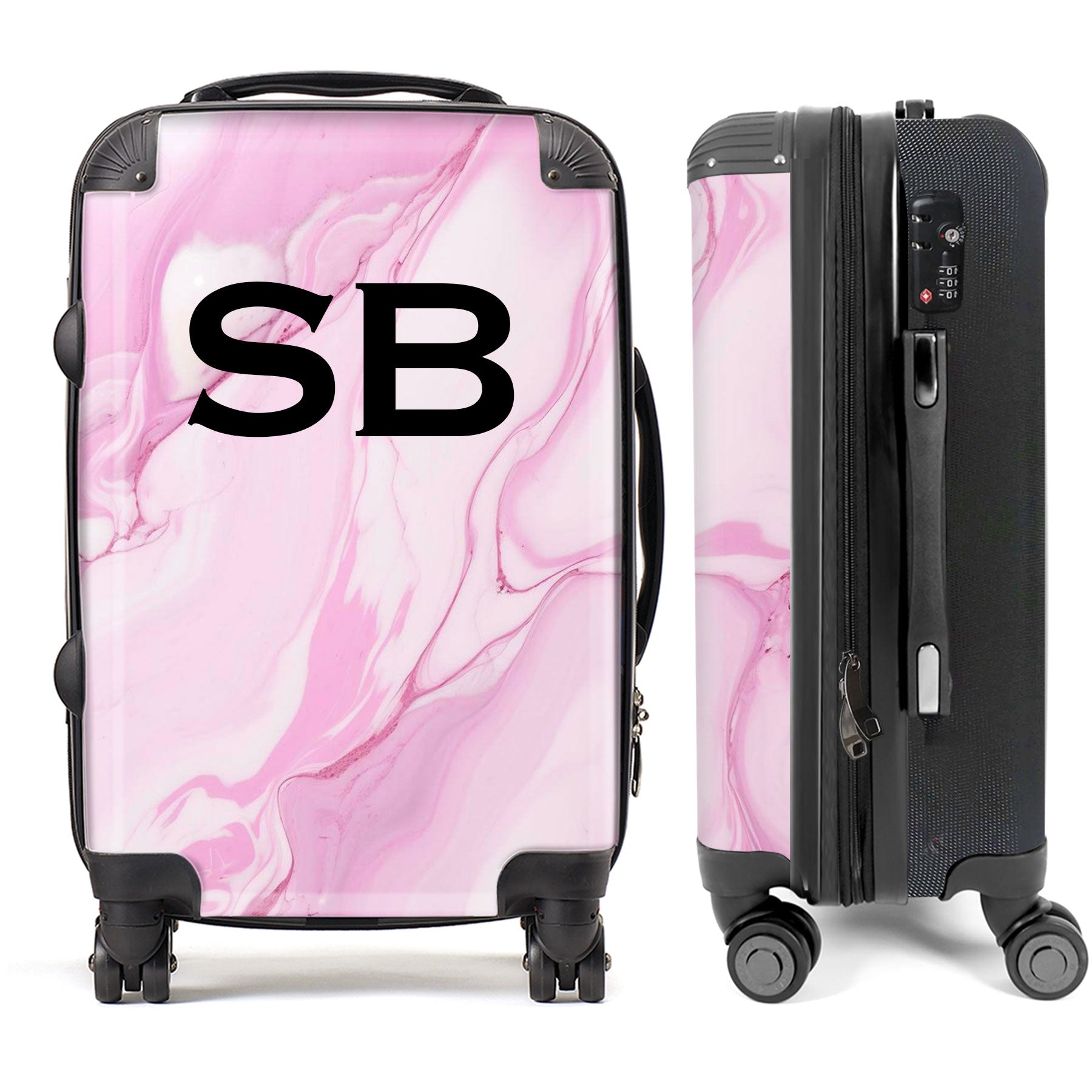 PERSONALIZED PINK MARBLE BLACK INITIAL LUGGAGE