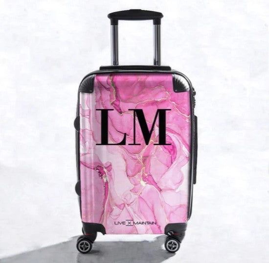 Personalised Pink Ink Marble Initials Suitcase