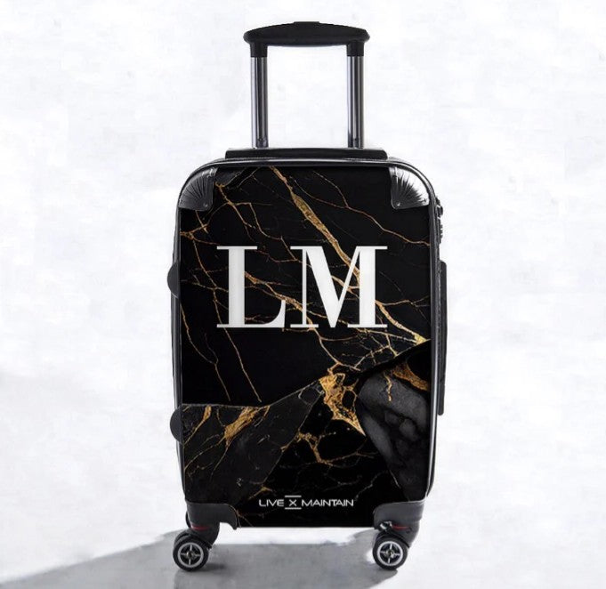 Personalised Black Gold Marble Initials Suitcase