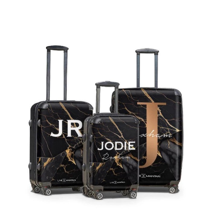 Personalised Black Gold Marble Initials Suitcase