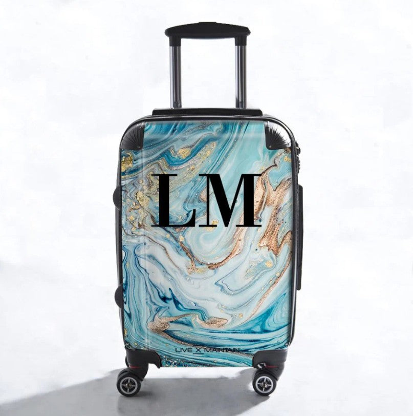 Personalised Blue Emerald Marble Initials Suitcase