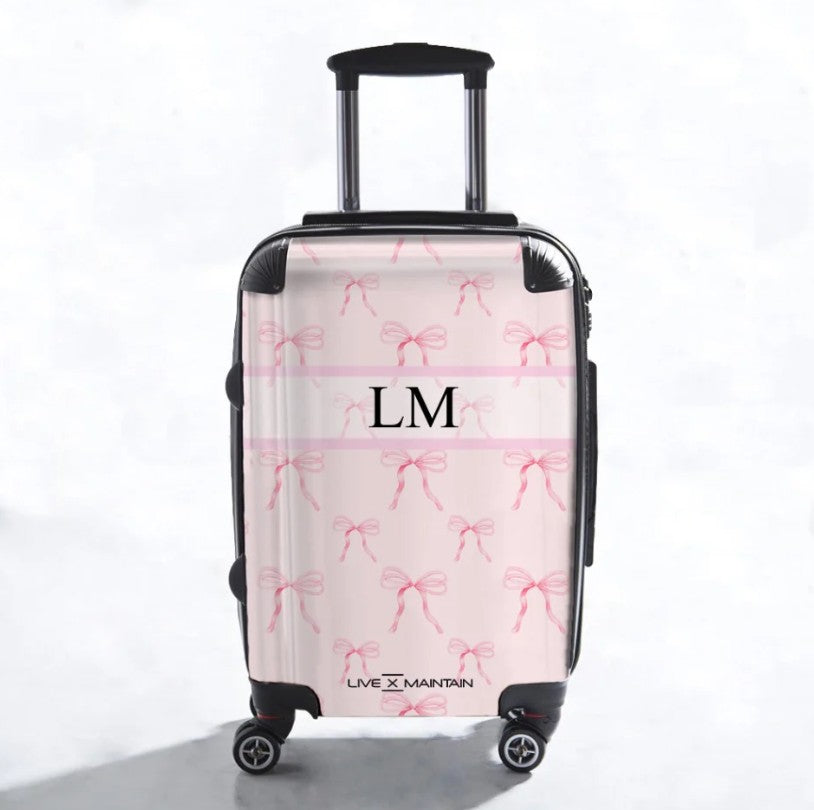 Personalised Pink Bows Stripe initials Suitcase