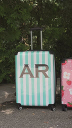 PERSONALIZED BLUE, WHITE AND BLACK STRIPE WITH BLACK FONT NAME LUGGAGE