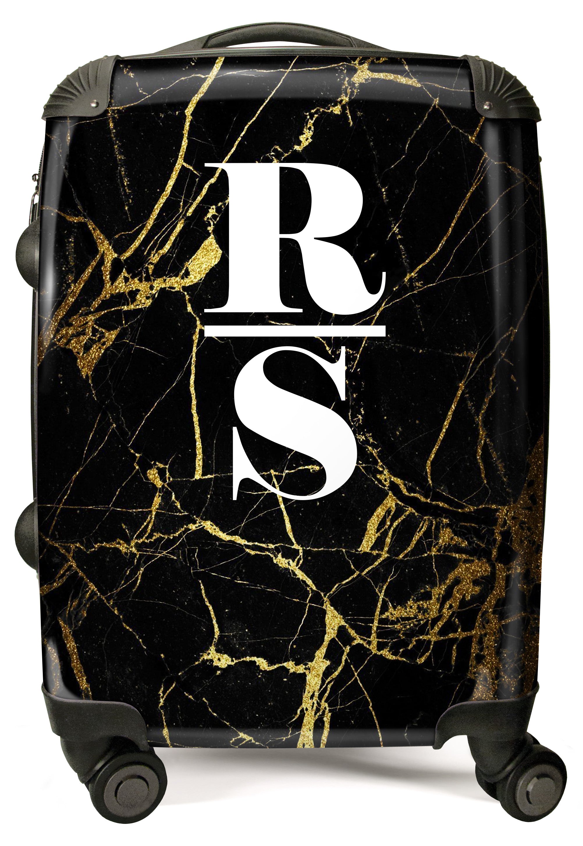 PERSONALIZED BLACK AND GOLD MARBLE VERTICAL INITIAL LUGGAGE