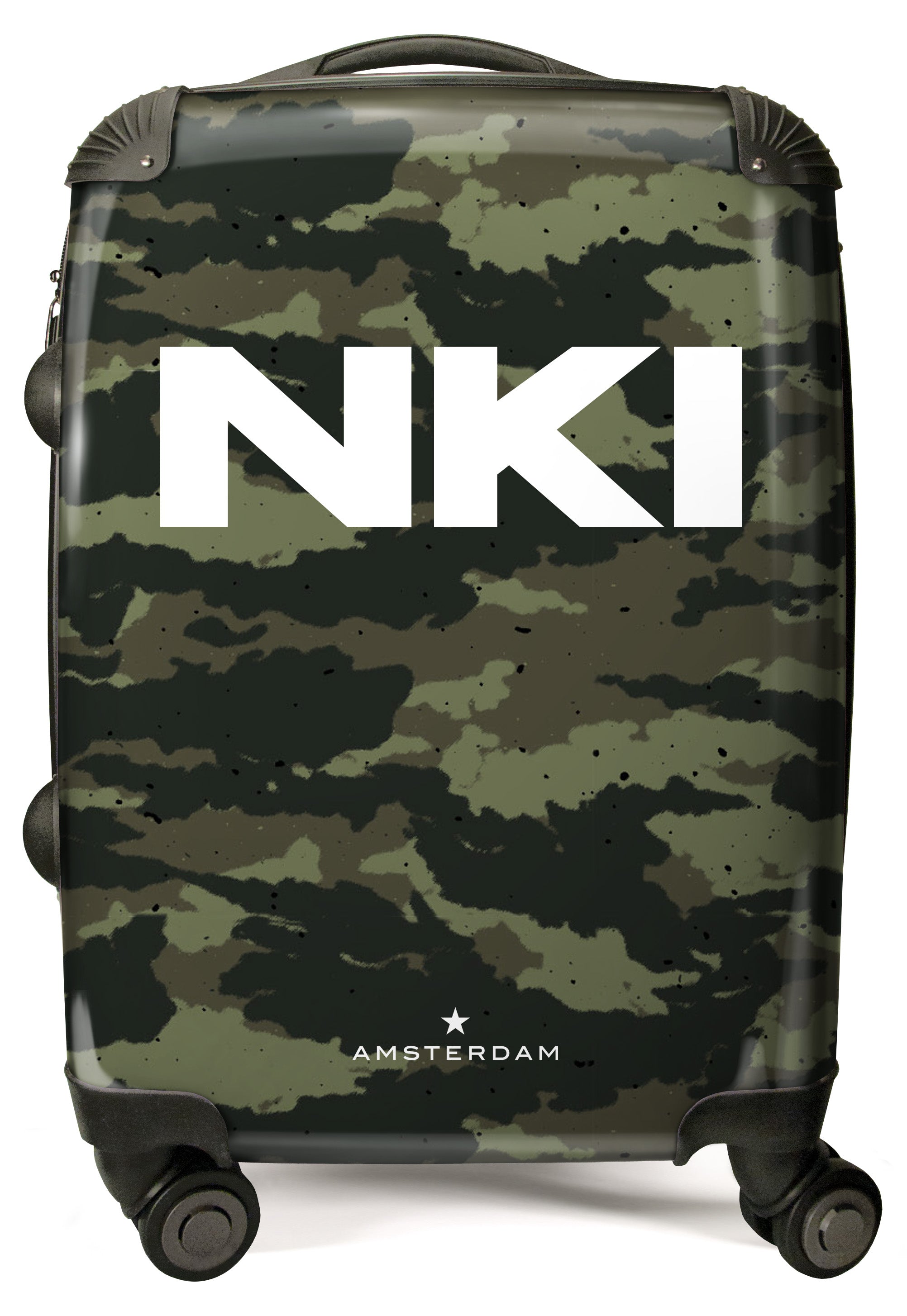 PERSONALIZED DARK GREEN CAMOUFLAGE WITH WHITE FONT INITIAL SUITCASE