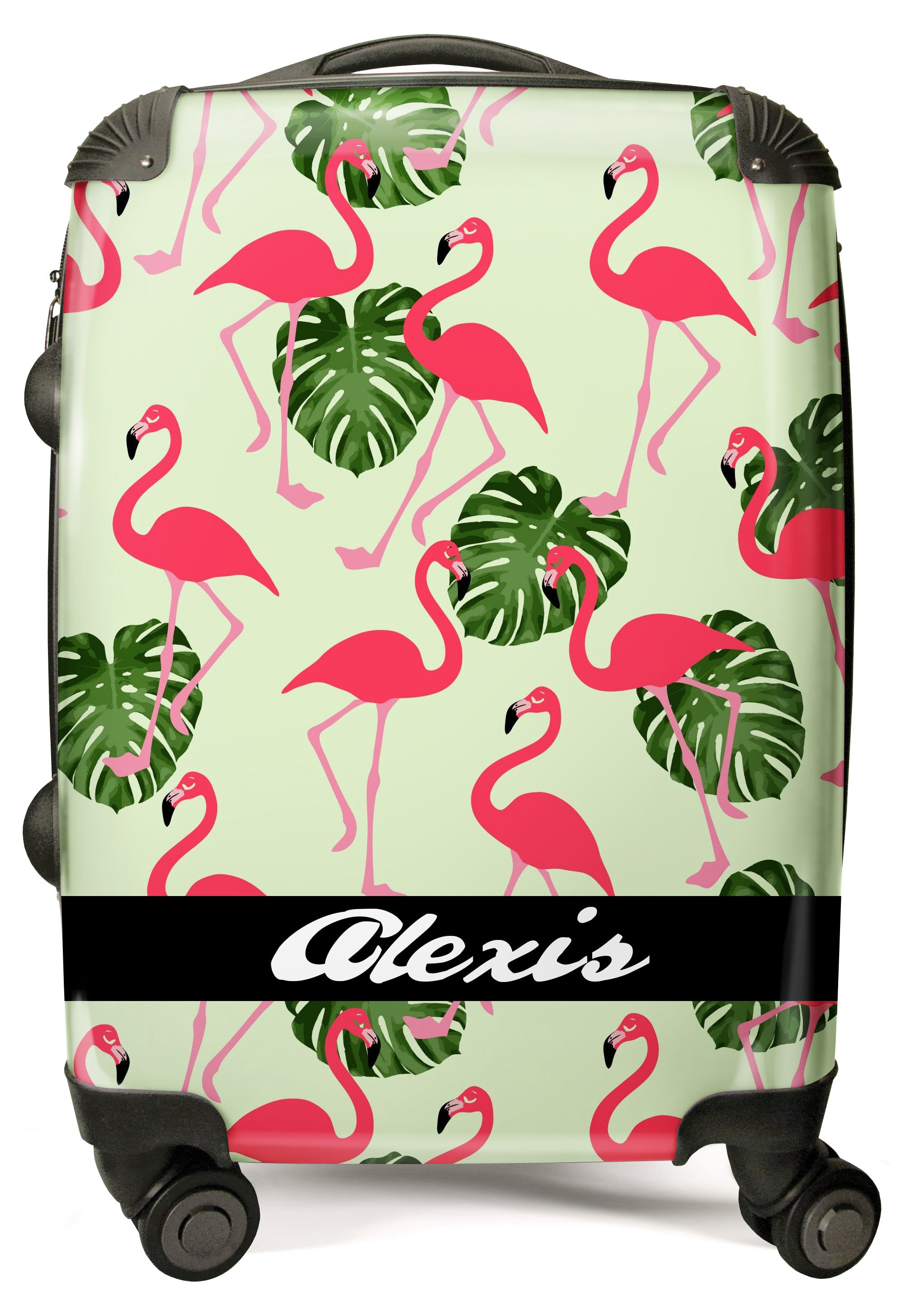PERSONALIZED GREEN AND PINK FLAMINGO PRINT NAME SUITCASE