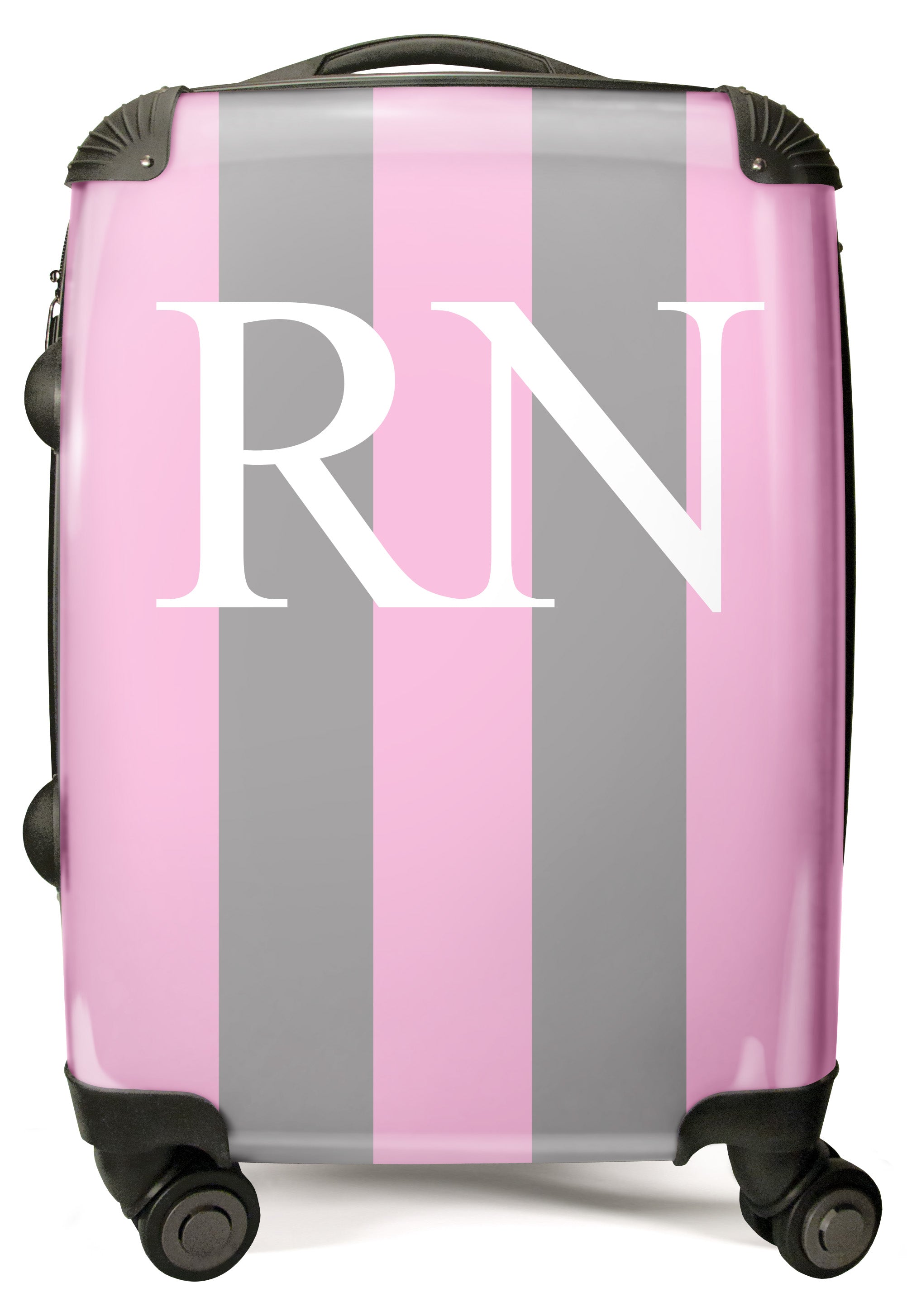 PERSONALIZED PINK AND GREY STRIPE WITH BLACK FONT INITIAL LUGGAGE