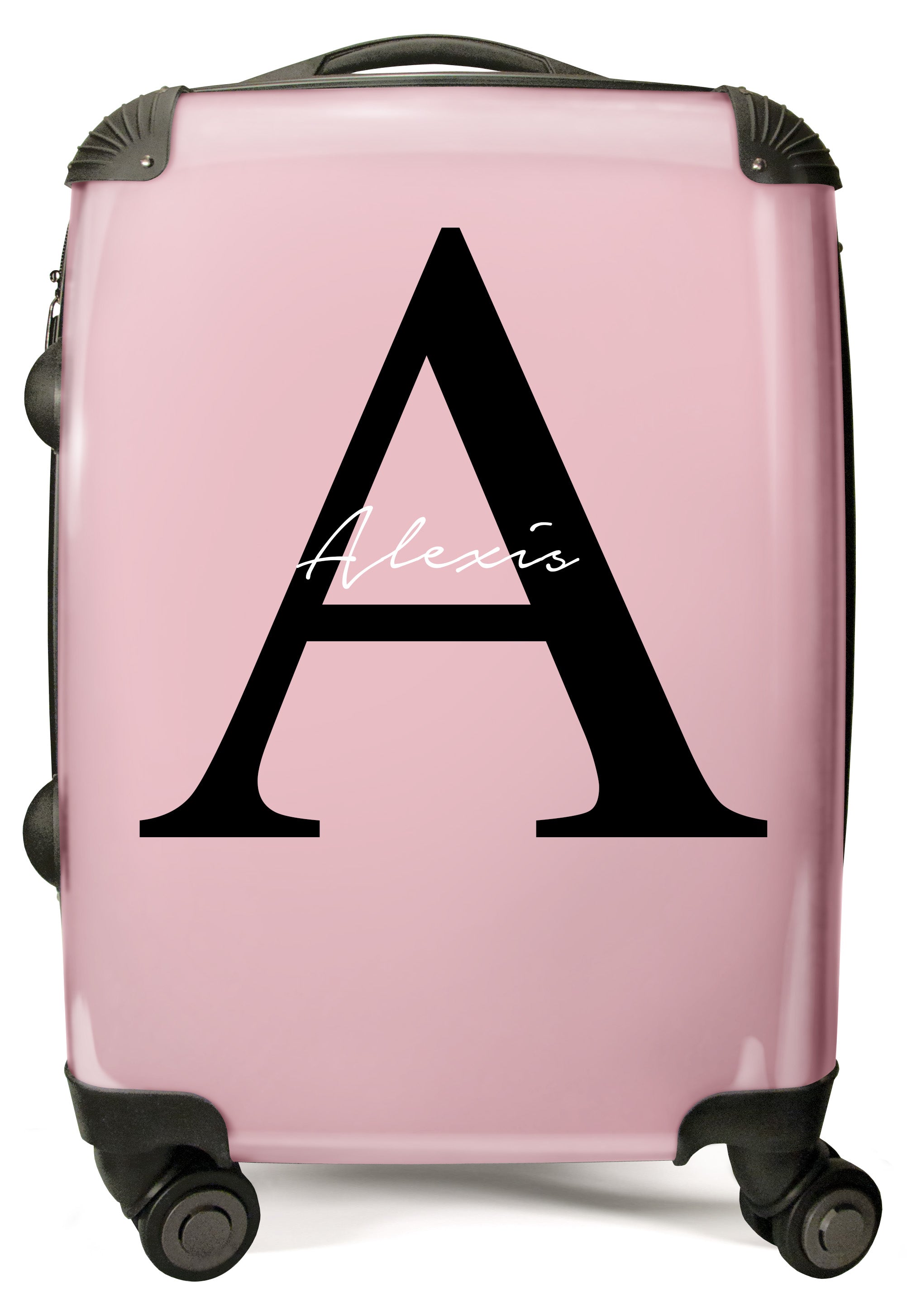 PERSONALIZED PINK WITH BLACK FONT INITIAL AND NAME SUITCASE