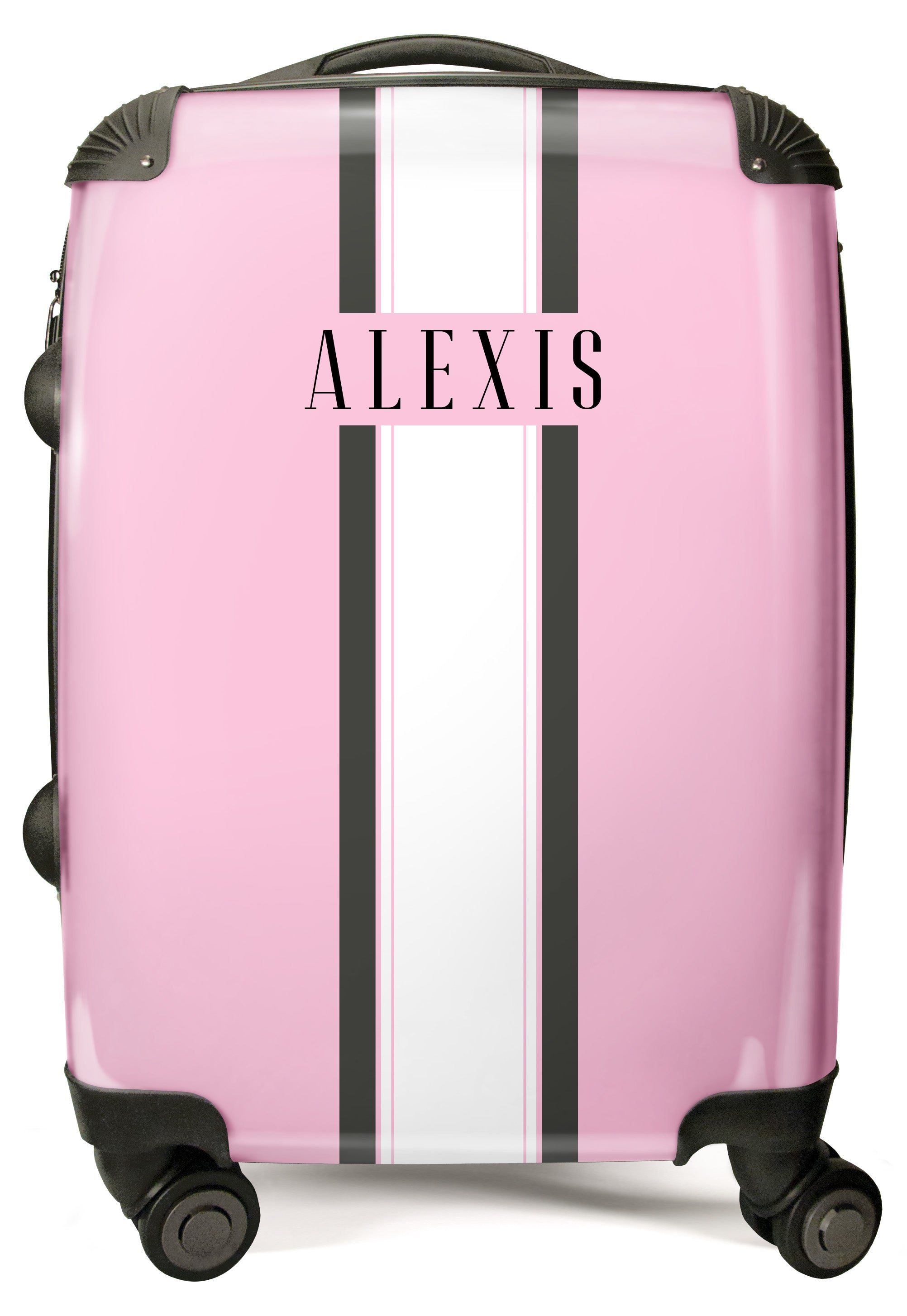 PERSONALIZED PINK, WHITE AND BLACK STRIPE WITH BLACK FONT NAME SUITCASE